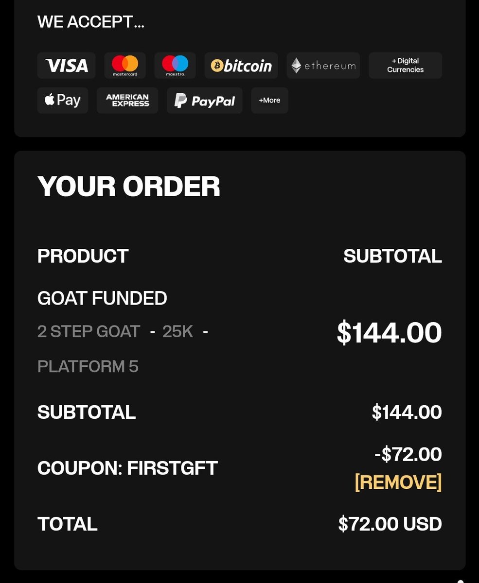 Mรกmร's_ฦแปฬฦณ๐ (@haroun_fx) on Twitter photo ๐จ Just secured a $25K 2-Step Challenge Account from <a href="/GoatFunded/">Goat Funded Trader</a> for only $72! ๐ฅ
Now itโs time to explore the features, stay locked in, and make smart money moves ๐ง ๐ธ
Wanna join the wave?
๐ Head over to the site and use:
๐น FIRSTGFT โ 50% OFF
๐น SECONDGFT โ 30% OFF
โ
Valid ๐จ Just secured a $25K 2-Step Challenge Account from <a href="/GoatFunded/">Goat Funded Trader</a> for only $72! ๐ฅ
Now itโs time to explore the features, stay locked in, and make smart money moves ๐ง ๐ธ
Wanna join the wave?
๐ Head over to the site and use:
๐น FIRSTGFT โ 50% OFF
๐น SECONDGFT โ 30% OFF
โ
Valid