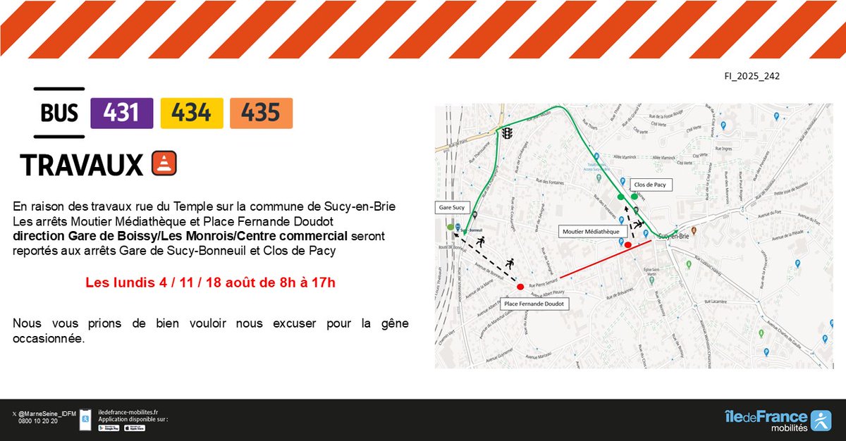 Bus Marne et Seine (@marneseine_idfm) on Twitter photo 🚧🚍 #InfoTrafic #Travaux #Ligne431 #Ligne434 #Ligne435
🗓️Les lundis 4, 11 et 18 aout 2025
📍 <a href="/VilleSucy/">Ville de Sucy</a>
⏰ de 8h à 17h
❌Voir ci dessous 🚧🚍 #InfoTrafic #Travaux #Ligne431 #Ligne434 #Ligne435
🗓️Les lundis 4, 11 et 18 aout 2025
📍 <a href="/VilleSucy/">Ville de Sucy</a>
⏰ de 8h à 17h
❌Voir ci dessous