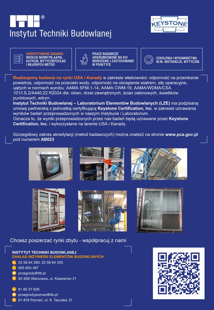Instytut Techniki Budowlanej (@itb_pl) on Twitter photo Czy Twój produkt jest już gotowy na 🇺🇸 amerykański i 🇨🇦 kanadyjski rynek? Laboratorium Elementów Budowlanych <a href="/ITB_pl/">Instytut Techniki Budowlanej</a> bada wg norm AAMA/WDMA/CSA, a wyniki są uznawane przez Keystone Certification, Inc.
🪟 okna | 🚪 drzwi | 🧱 fasady | ☀️ świetliki
Sprawdź: itb.pl/aktualnosci/tw… Czy Twój produkt jest już gotowy na 🇺🇸 amerykański i 🇨🇦 kanadyjski rynek? Laboratorium Elementów Budowlanych <a href="/ITB_pl/">Instytut Techniki Budowlanej</a> bada wg norm AAMA/WDMA/CSA, a wyniki są uznawane przez Keystone Certification, Inc.
🪟 okna | 🚪 drzwi | 🧱 fasady | ☀️ świetliki
Sprawdź: itb.pl/aktualnosci/tw…