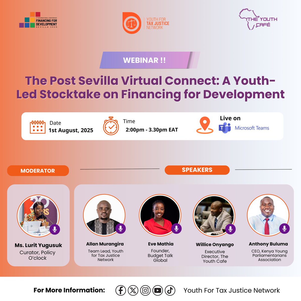 TheYouthCafe's tweet image. 🎙️ WEBINAR TODAY: Post-Sevilla Virtual Connect
A Youth-Led Stocktake on #FinancingForDevelopment
Join us for a youth-driven conversation on the outcomes of the #FfD4 conference held in Seville — spotlighting gaps, opportunities, and youth-led pathways for action on fiscal…