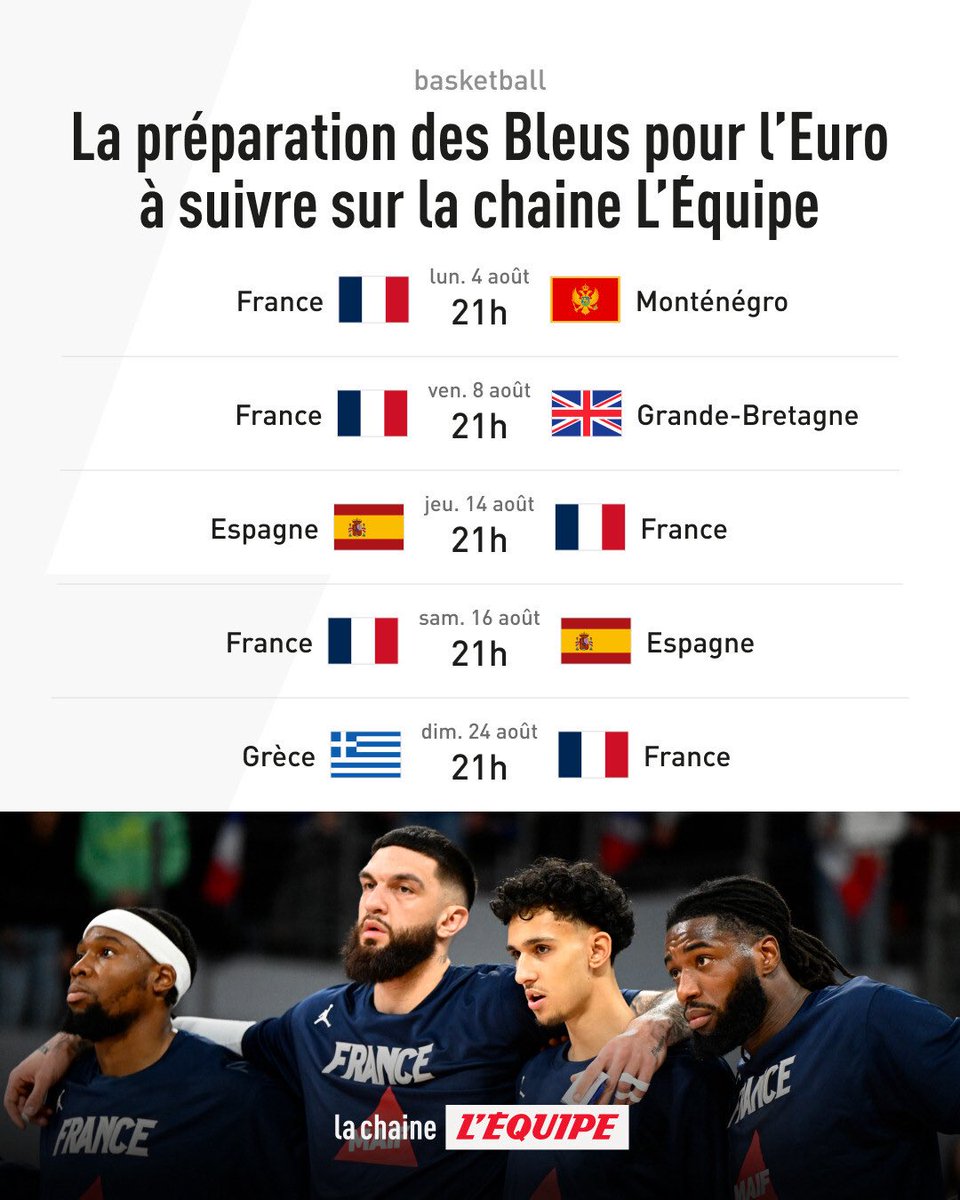 50 Nuances 🇺🇸🏀 (@50nuancesdenba) on Twitter photo 🇫🇷 Si vous vous demandez comment suivre les matchs de préparation de l’équipe de France pour l’EuroBasket, ça se passera sur <a href="/lachainelequipe/">la chaine L'Équipe</a> ! 👀📺 🇫🇷 Si vous vous demandez comment suivre les matchs de préparation de l’équipe de France pour l’EuroBasket, ça se passera sur <a href="/lachainelequipe/">la chaine L'Équipe</a> ! 👀📺