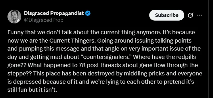 The Effort Chad: Following vs Followers

The Chad Strategy: Ignore the impressions game entirely. Post 4,000+ word esoteric essays and long-form tweet threads and let the low-time-preference compound interest accrue. Get 18 likes from 18 people who matter.

Standing dignified in