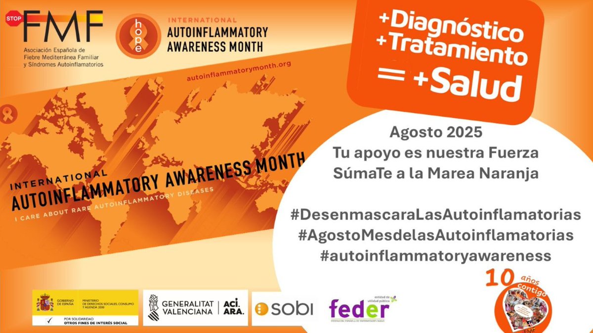 FEDER | Enfermedades Raras (@feder_ong) on Twitter photo 🔎 Agosto es el mes de las Enfermedades Autoinflamatorias, un grupo de patologías raras, sistémicas e invisibles que suelen aparecer en la infancia.
Este 2025 se cumplen 10 años desde la primera campaña internacional y desde la creación de <a href="/STOP_FMF/">As Esp de FMF y Autoinflamatorios. Stop FMF</a> 🙌
👉enfermedades-raras.org/movimiento-aso… 🔎 Agosto es el mes de las Enfermedades Autoinflamatorias, un grupo de patologías raras, sistémicas e invisibles que suelen aparecer en la infancia.
Este 2025 se cumplen 10 años desde la primera campaña internacional y desde la creación de <a href="/STOP_FMF/">As Esp de FMF y Autoinflamatorios. Stop FMF</a> 🙌
👉enfermedades-raras.org/movimiento-aso…