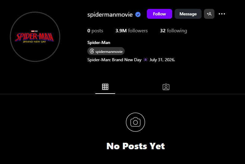 The 'SPIDER-MAN' Instagram has been wiped ahead of production beginning on 'BRAND NEW DAY.'