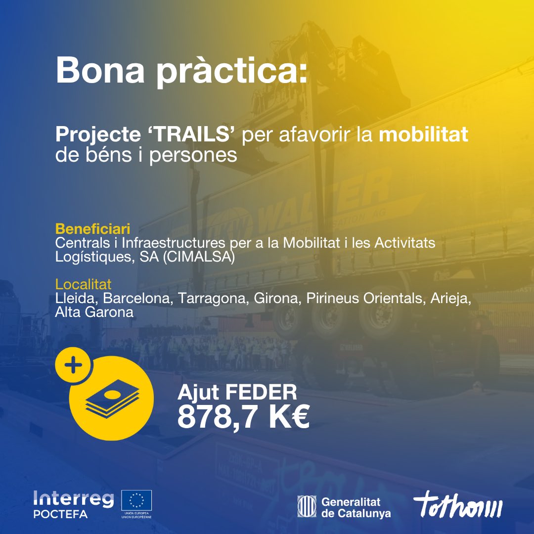 Economia i Finances (@economiacat) on Twitter photo 📢 Bona pràctica de projectes finançats amb fons #FEDERCat.
• 'TRAILS', iniciativa d'<a href="/RegioInterreg/">EU Regio Interreg</a> <a href="/CTPPOCTEFA/">Europa en el Pirineo</a> per optimitzar la logística i contribuir a la reducció del transport de mercaderies per carretera.
🔗 Més informació: fonseuropeus.gencat.cat/web/.content/f…
#FonsUECat 📢 Bona pràctica de projectes finançats amb fons #FEDERCat.
• 'TRAILS', iniciativa d'<a href="/RegioInterreg/">EU Regio Interreg</a> <a href="/CTPPOCTEFA/">Europa en el Pirineo</a> per optimitzar la logística i contribuir a la reducció del transport de mercaderies per carretera.
🔗 Més informació: fonseuropeus.gencat.cat/web/.content/f…
#FonsUECat