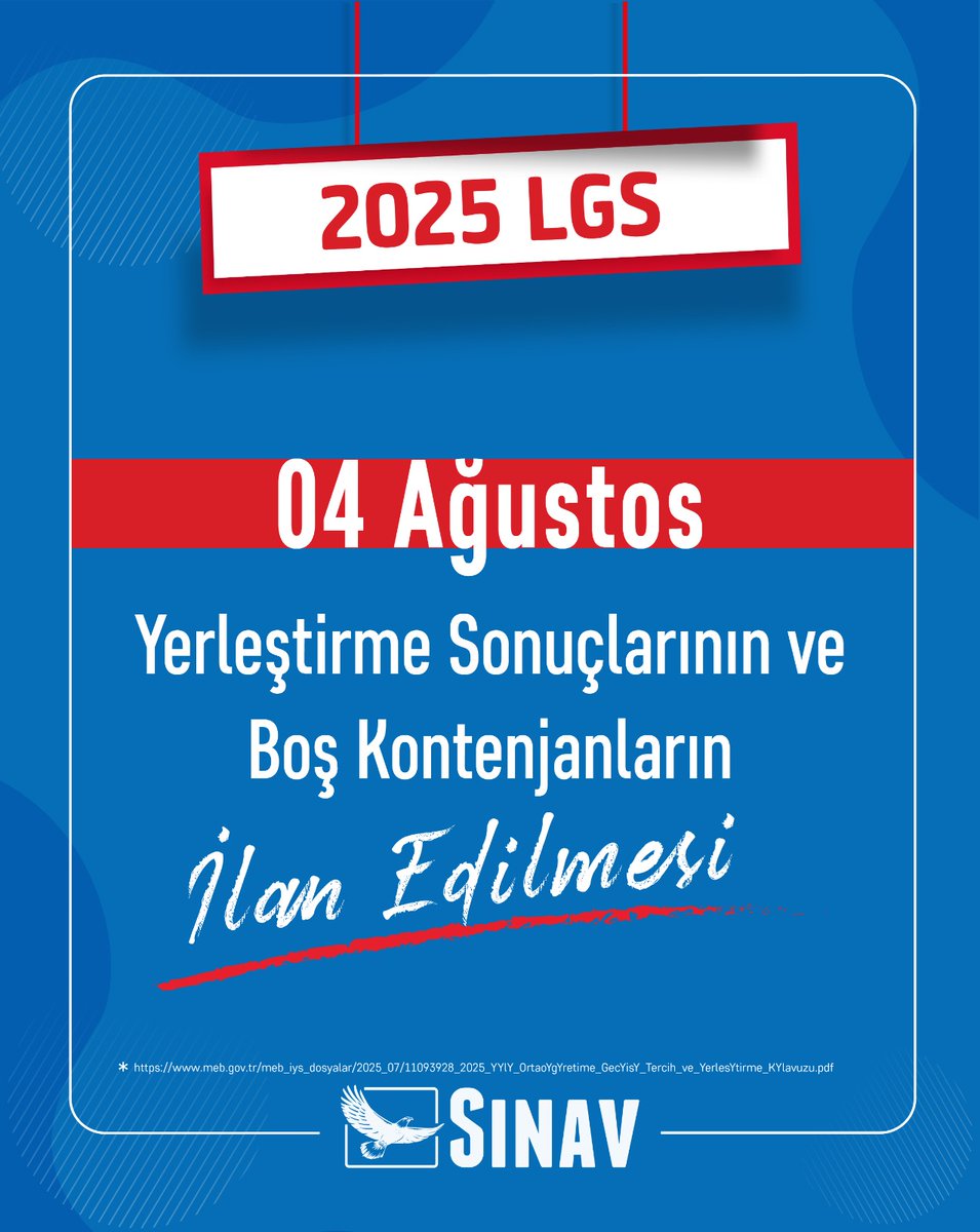 2025 LGS kapsamında, Yerleştirme Sonuçları ile birlikte Boş Kontenjanlar 4 Ağustos 2025 tarihinde ilan edilecektir.

#lgs2025 #yerleştirmesonuçları #boşkontenjanlar #lgsyerleştirme #eğitim #meb #tercihsonuçları