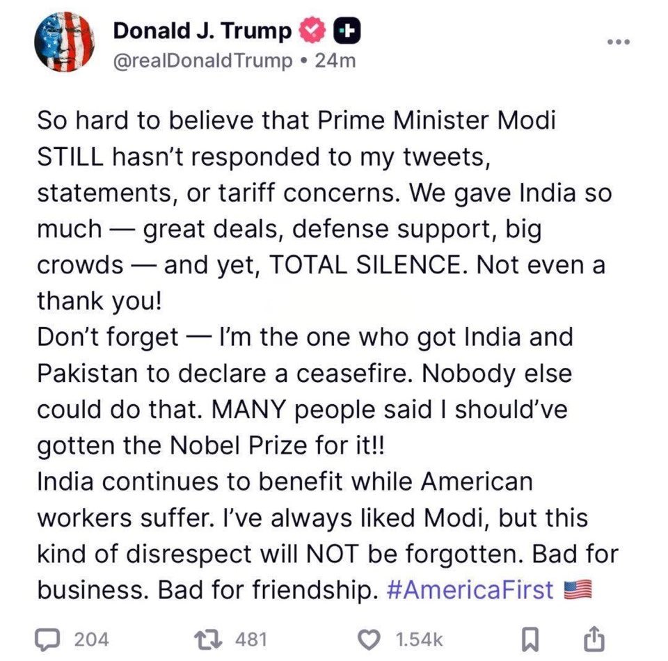 Modi Ji reply kar do Trump bhaiya ne harpic pee liya hai