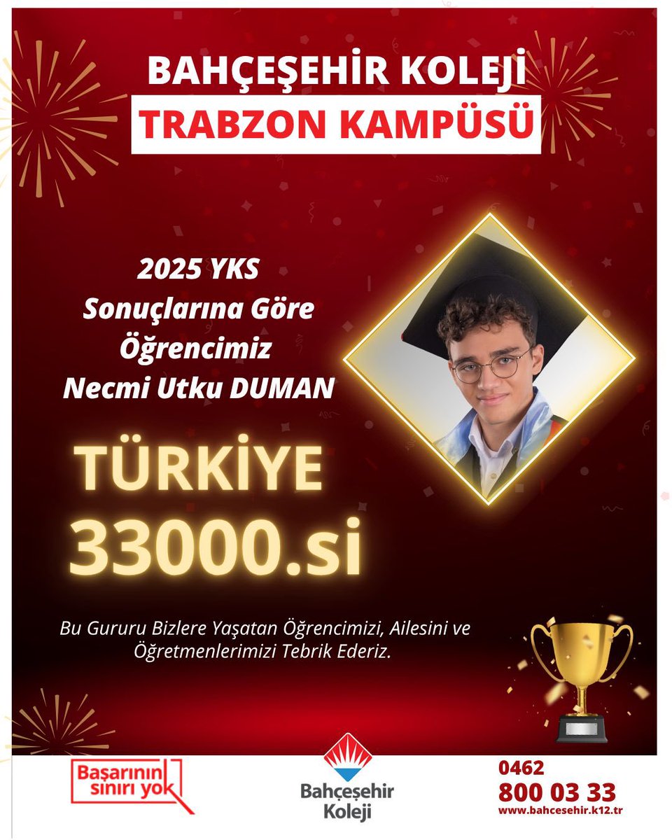 YKS’de Rekor Başarı🏆💫

2025 YKS sonuçlarına göre öğrencimiz Necmi Utku Duman Türkiye 33000.si oldu.👏🏻👏🏻👏🏻👏🏻

Bu gurur bizlere yaşatan öğrencimizi, ailesini ve öğretmenlerimizi tebrik ederiz.

#bahcesehirkoleji