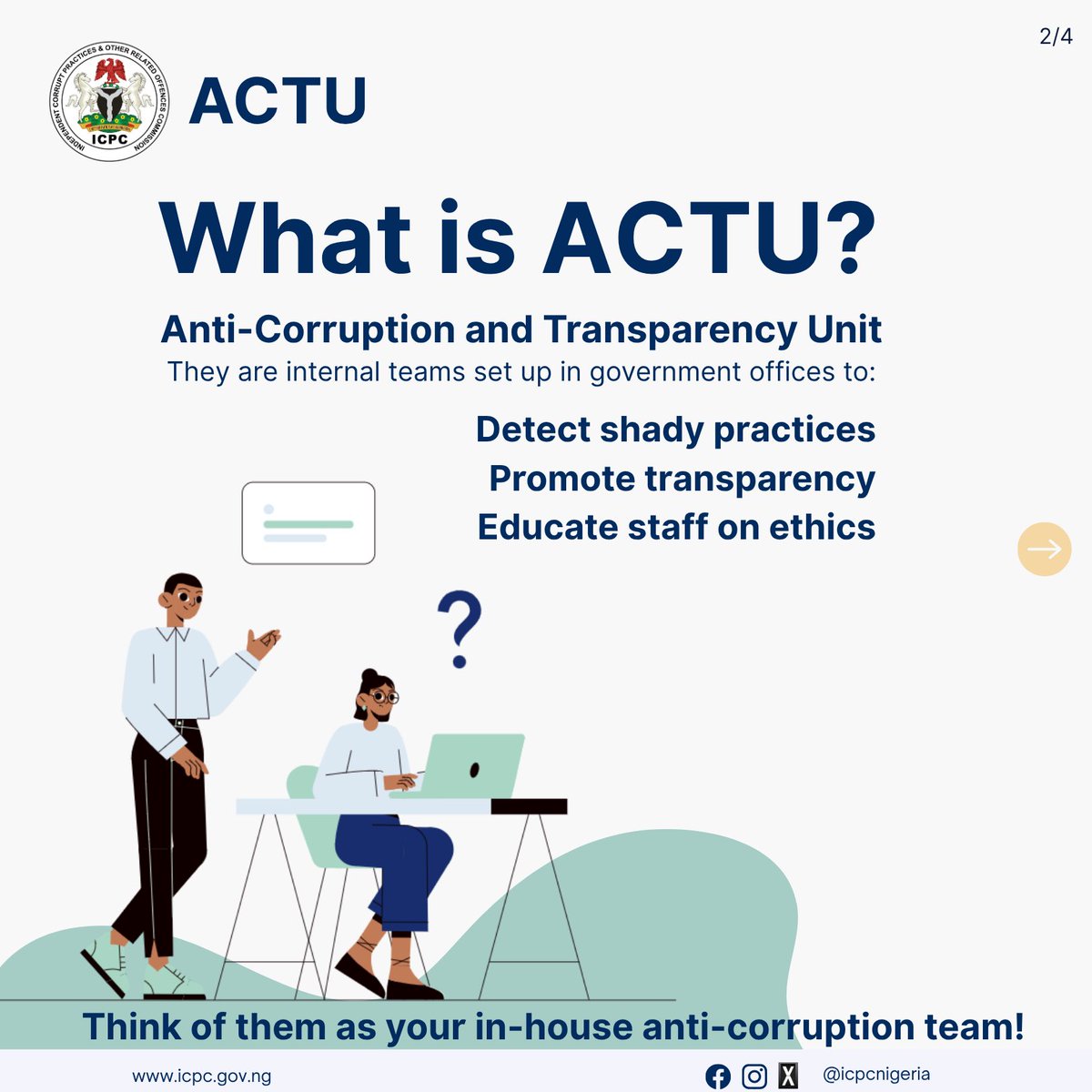 icpcnigeria's tweet image. From tracking ethics to preventing corruption, ACTUs are changing the narrative from within.
Do you have an ACTU in your organization?  #ACTU #ICPCNigeria #TransparencyMatters #IntegrityInService #FightCorruption #PublicSectorAccountability