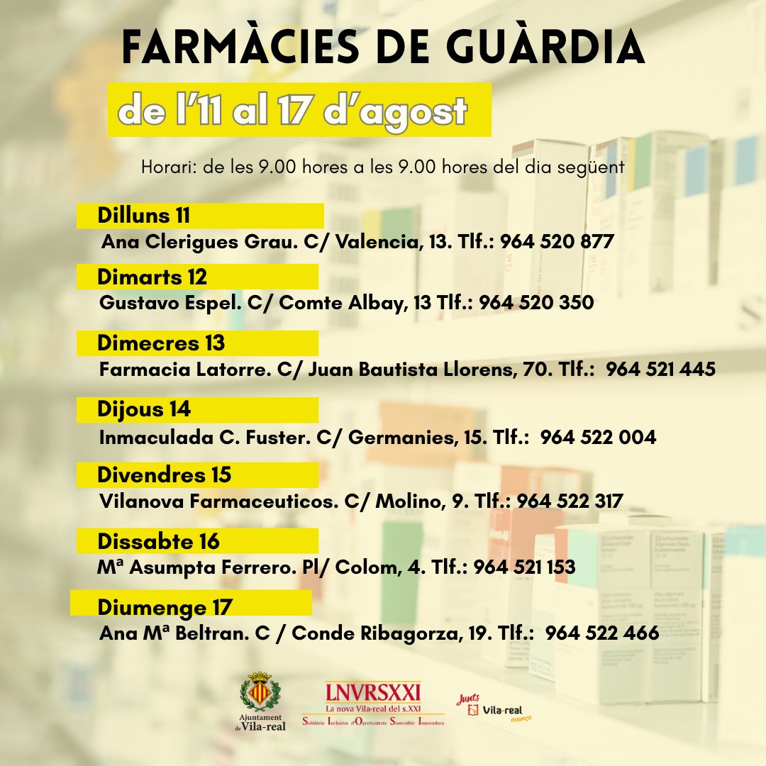 🔊 Farmàcies de guàrdia de l'11 al 17 d'agost 💊🏥

#Farmàcies #Vila_real #salut