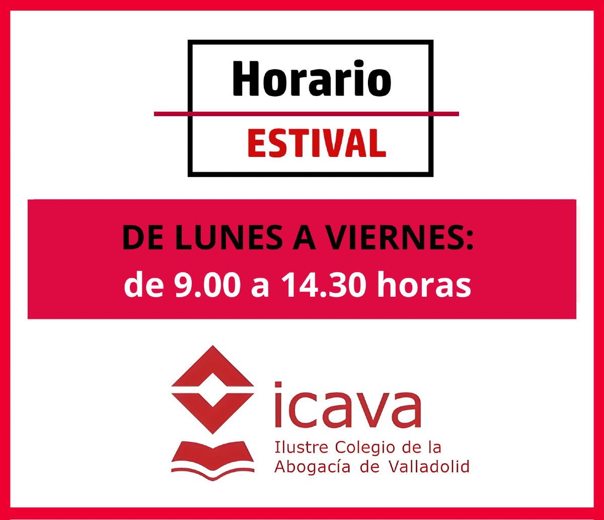 📢 Durante el mes de agosto el #ICAVA modifica su horario de atención al público.

🕘 El Colegio estará abierto de 9:00 a 14:30 horas de lunes a viernes.