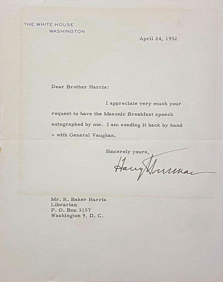 “You talk about the deep dark secrets of free Masonry, I don't know what they are”
We got the masonic letter, signed by president Truman, linked to his speech at the Masonic breakfast.
facebook.com/MasonicMuseumL…