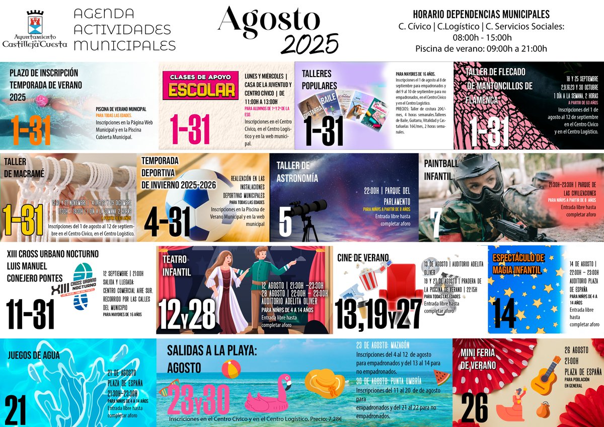 ☀️ ¡Agosto nos trae diversión sin fin!
Playas, talleres y actividades para todas las edades 🎨🌊🤩
¡No te quedes fuera y revisa las fechas! 🥳
