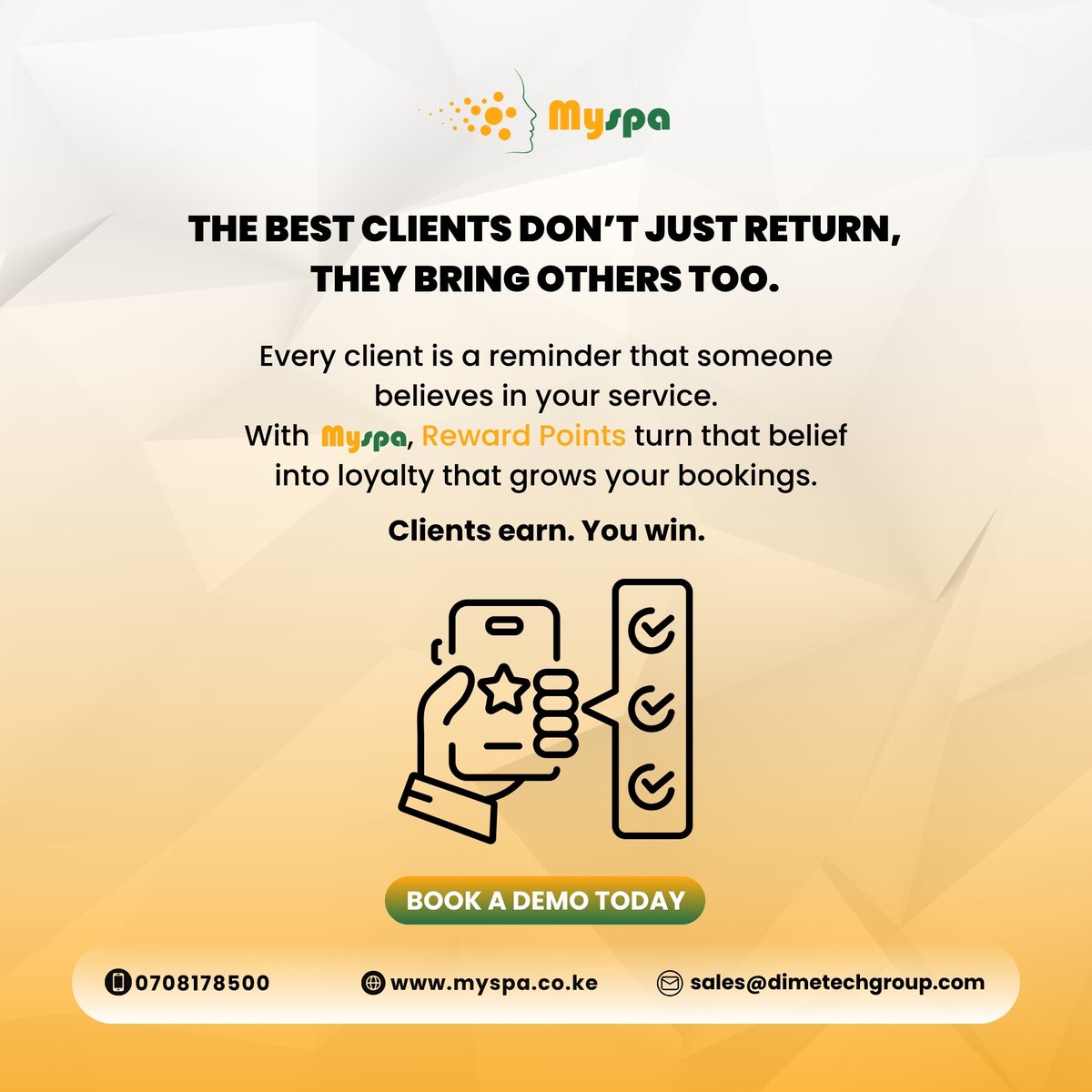 MySpa_Ke's tweet image. Loyal clients are powerful — they don’t just come back, they send others your way. With MySpa’s Reward Points feature, give them more reasons to stay loyal — and keep your bookings growing.

📲 Book a demo today: myspa.co.ke
 
#ClientLoyalty #MySpaSystem #RewardPoints