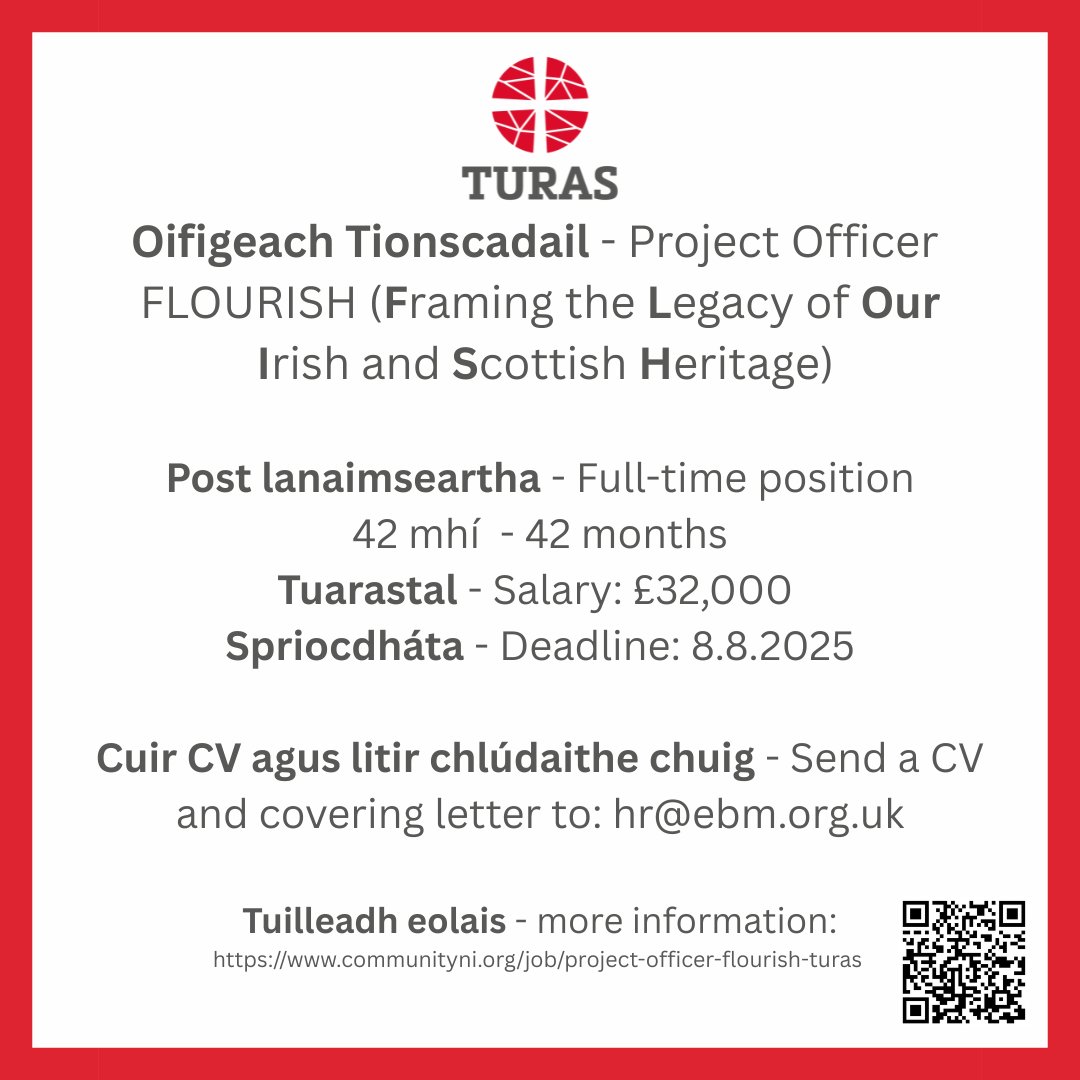 Tá dhá fholúntas poist againn in Turas faoi láthair - We have two job vacancies in Turas.

Oifigeach tionscadail (FLOURISH) - Project officer (FLOURISH)
communityni.org/job/project-of…

Cúntóir Riaracháin - Administrative assistant 
communityni.org/job/administra…
