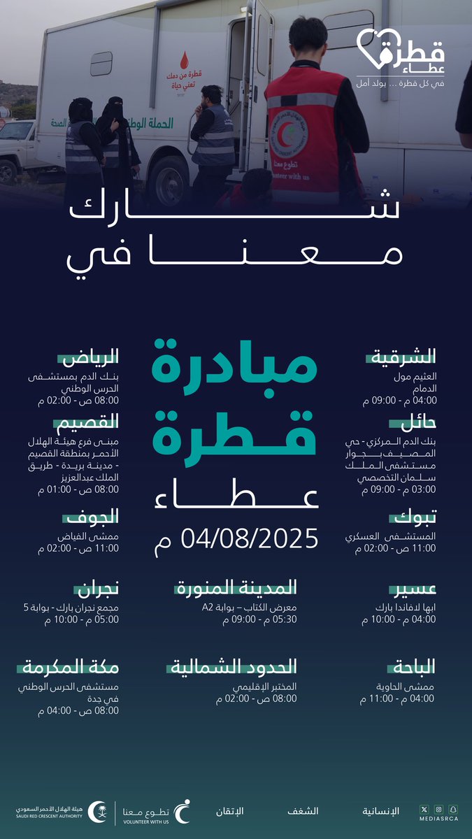 SrcaVolunteer's tweet image. #قطرة_عطاء 🩸
بادر بالتبرع بالدم، وكن سببًا في إنقاذ روح.

التسجيل متاح عبر المنصة الخاصة بالتطوع في هيئة #الهلال_الأحمر_السعودي :
🔗 srcavolunteer.srca.org.sa/#!/ar/VEAlls