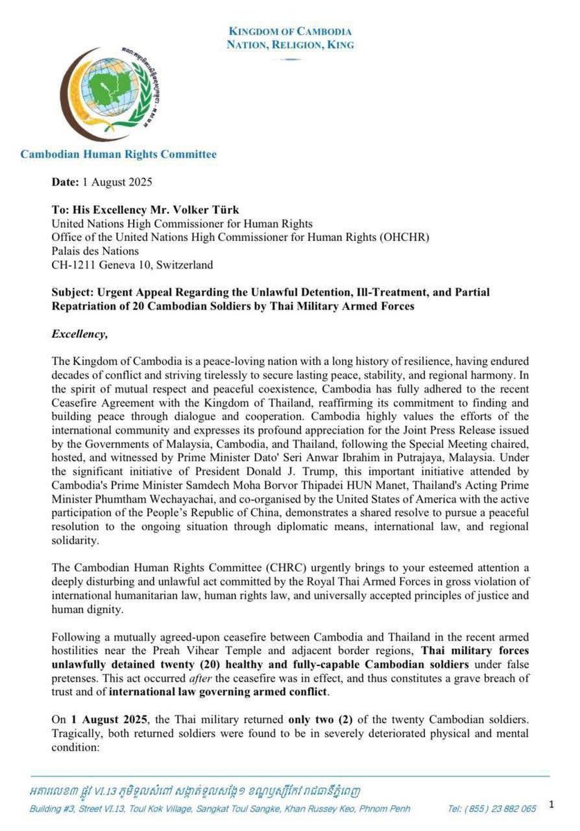 jacobincambodia's tweet photo. The Ministry of Information has released an urgent communication from the Cambodian Human Rights Committee to the UN, denouncing the unlawful capture and mistreatment of Cambodian soldiers by Thai forces. Of the 20 soldiers detained after a ceasefire agreement, only two have been returned—both in alarming condition. One is now physically disabled; the other is suffering from severe psychological trauma, reportedly due to degrading treatment while in Thai custody. Cambodia is demanding the immediate release of the remaining 18 and accountability for these violations of international law.