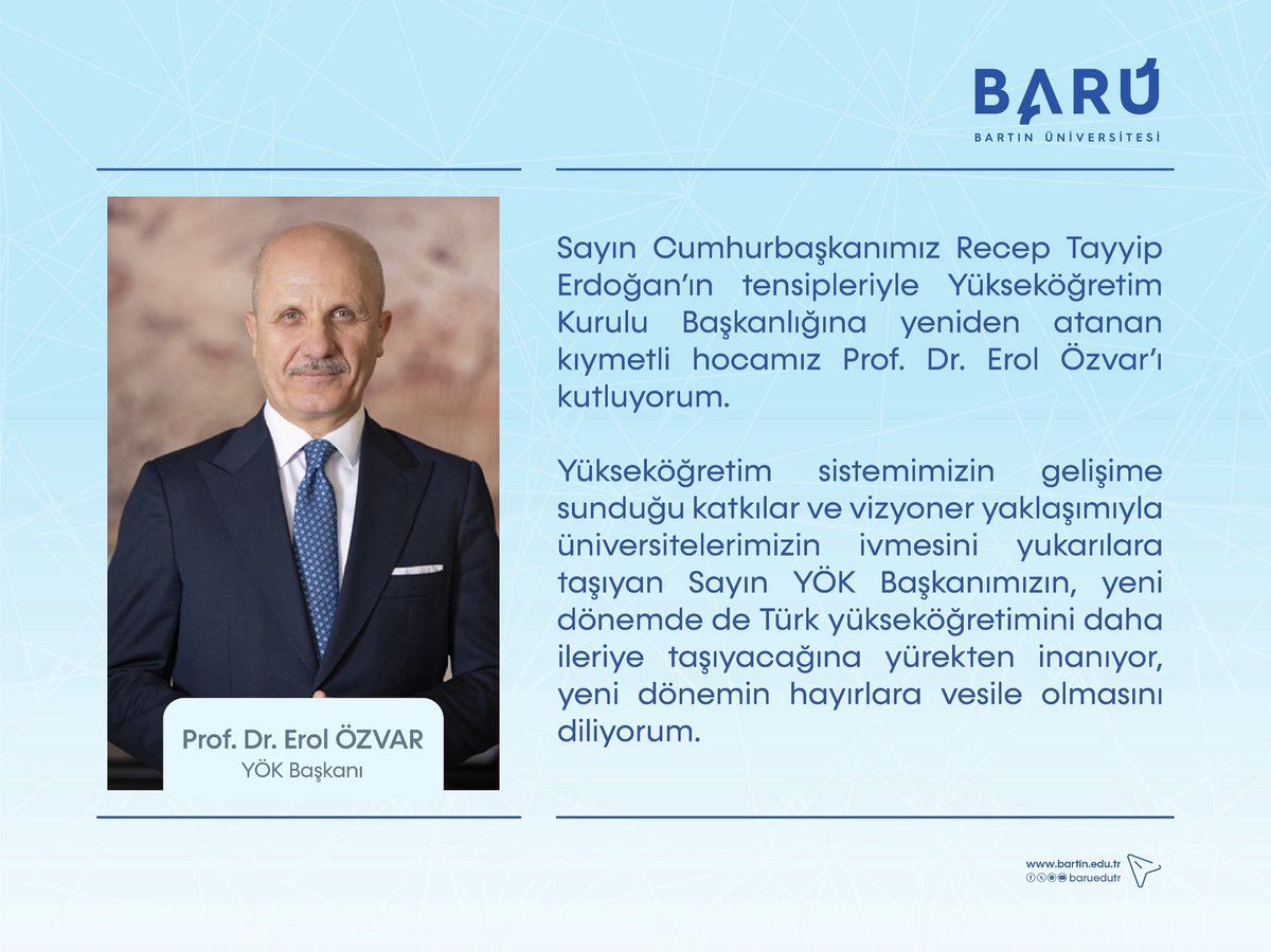 Bartın Üniversitesi (@baruedutr) on Twitter photo Üniversitemiz Rektörü Prof. Dr. Ahmet Akkaya, YÖK Başkanlığına yeniden atanan Prof. Dr. Erol Özvar için bir tebrik mesajı yayınladı💬
<a href="/erolozvar/">Erol Özvar</a> Üniversitemiz Rektörü Prof. Dr. Ahmet Akkaya, YÖK Başkanlığına yeniden atanan Prof. Dr. Erol Özvar için bir tebrik mesajı yayınladı💬
<a href="/erolozvar/">Erol Özvar</a>
