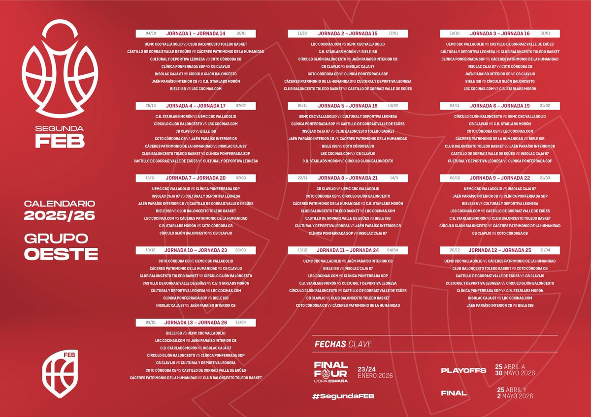 📆 Definido el 𝗖𝗔𝗟𝗘𝗡𝗗𝗔𝗥𝗜𝗢 de la #SegundaFEB 2025-26, la cual comenzaremos el 4 de octubre ante CB Toledo en Pisuerga.

🔗 bit.ly/40KoL8E

<a href="/UEMC/">UEMC</a> #PucelaBasket