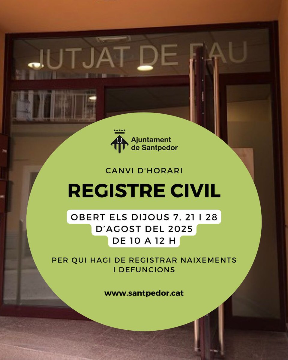 📢HORARI D'ESTIU del REGISTRE CIVIL I JUTJAT DE PAU

🗓️Obert els dijous 7, 21 i 28 d'agost de 2025
⏰de 10 a 12 h
❗️👉Per a qui hagi de registrar naixements i defuncions