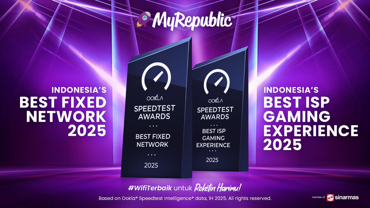 ID_MyRepublic's tweet photo. MyRepublic Indonesia kembali meraih penghargaan dari Ookla® Speedtest Awards™ 1H 2025

Penghargaan ini merupakan hasil dari evaluasi independen berdasarkan jutaan pengujian secara mandiri yang dilakukan oleh pengguna internet di Indonesia melalui platform Speedtest® by Ookla®. https://t.co/IoEuSnW9N2