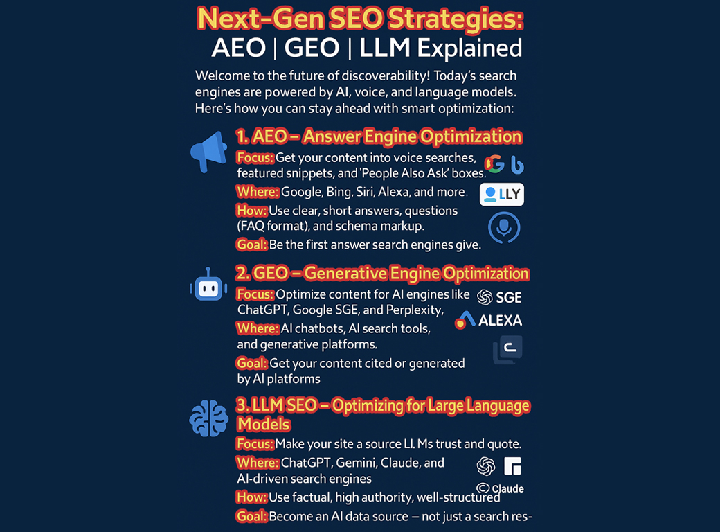 baraisourav100's tweet image. 🚀 The Future of Digital Growth: Gen AI SEO | GEO | AEO | LLM Optimization
🔹 1. Gen AI SEO – Smarter Search Strategies
📍 2. GEO SEO – Rule Local Searches
🔊 3. AEO – Answer Engine Optimization
🧠 4. LLM Optimization – AI-Ready Content
#GenAISEO #GEOSEO #AEO #LLMOptimization