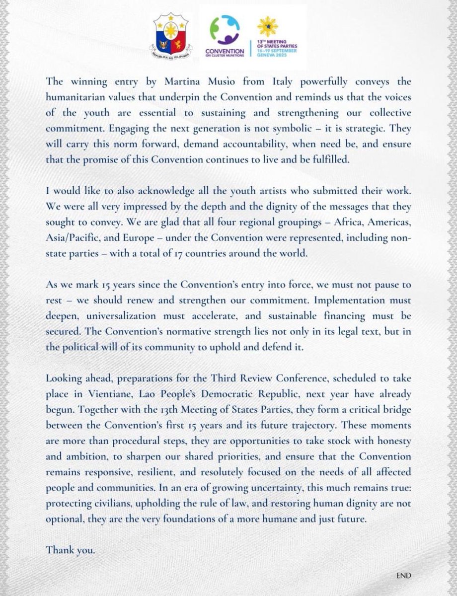 🇵🇭 marks the 15th anniversary of the Convention on Cluster Munitions entering into force. Progress has been made, yet challenges persist. In today’s tense geopolitical landscape, we must recommit to humanitarian principles and defend the integrity of international law.