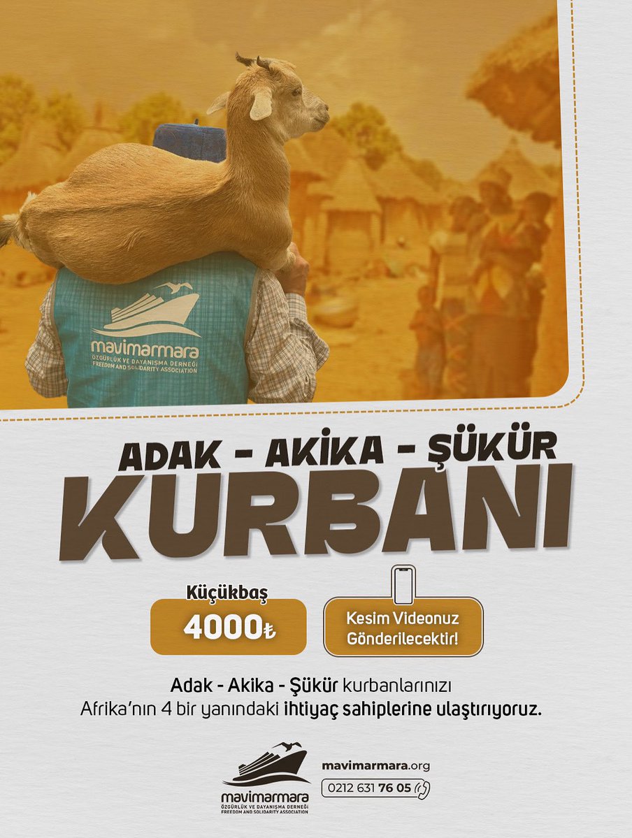 🐏Bir İbadet, Bin Mutluluk❗️

🤝Yıl boyunca adak, akika, sadaka ve şükür kurbanlarınızla Afrika Kıtası’nın genelinde kesimler gerçekleştiriyor, ihtiyaç sahiplerine ulaştırıyoruz. 

📌Hisse Bedeli: 4000₺

🤳İsme özel video gönderiyoruz. 

➡️Video gönderimi için açıklama kısmına