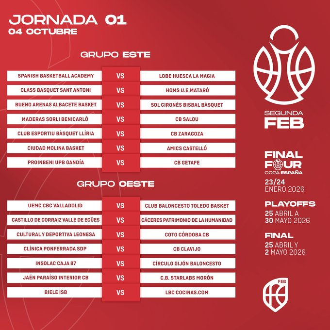 CompeticionesFEB (@competicionfeb) on Twitter photo 📆 Calendario #SegundaFEB: Así será la 🇯1⃣
➡️ Conferencia Oeste
<a href="/CBC_Valladolid/">UEMC CBC Valladolid</a> 🆚 <a href="/cb_toledo2025/">Club Baloncesto Toledo</a>
<a href="/EguesBaloncesto/">CB Valle de Egüés</a> 🆚 <a href="/Caceres_Basket/">CacerEsBasket</a>
<a href="/CultuBaloncesto/">🏀 Cultural y Deportiva Leonesa Baloncesto</a> 🆚 <a href="/CordobaCB/">Córdoba Club de Baloncesto</a>
<a href="/baloncestoSDP/">Clínica Ponferrada SDP</a> 🆚 <a href="/CBCLAVIJO/">Club Baloncesto CLAVIJO</a>
<a href="/caja87basket/">Insolac Caja 87 Basket</a> 🆚 <a href="/CirculoGijon/">Círculo Gijón Baloncesto</a>
<a href="/jaen_cb/">Jaén Club Baloncesto</a> 🆚 <a href="/cbmoron/">C.B. Morón</a>
<a href="/iraurgisb/">Iraurgi Saskibaloia</a> 🆚 <a href="/CBCLAVIJO/">Club Baloncesto CLAVIJO</a> 📆 Calendario #SegundaFEB: Así será la 🇯1⃣
➡️ Conferencia Oeste
<a href="/CBC_Valladolid/">UEMC CBC Valladolid</a> 🆚 <a href="/cb_toledo2025/">Club Baloncesto Toledo</a>
<a href="/EguesBaloncesto/">CB Valle de Egüés</a> 🆚 <a href="/Caceres_Basket/">CacerEsBasket</a>
<a href="/CultuBaloncesto/">🏀 Cultural y Deportiva Leonesa Baloncesto</a> 🆚 <a href="/CordobaCB/">Córdoba Club de Baloncesto</a>
<a href="/baloncestoSDP/">Clínica Ponferrada SDP</a> 🆚 <a href="/CBCLAVIJO/">Club Baloncesto CLAVIJO</a>
<a href="/caja87basket/">Insolac Caja 87 Basket</a> 🆚 <a href="/CirculoGijon/">Círculo Gijón Baloncesto</a>
<a href="/jaen_cb/">Jaén Club Baloncesto</a> 🆚 <a href="/cbmoron/">C.B. Morón</a>
<a href="/iraurgisb/">Iraurgi Saskibaloia</a> 🆚 <a href="/CBCLAVIJO/">Club Baloncesto CLAVIJO</a>