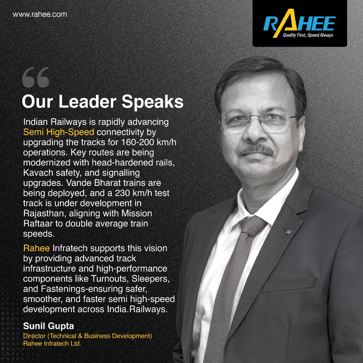 RaheeGroup's tweet image. Mr. Sunil Gupta, Director-Technical &amp;amp; Business Development, Rahee Infratech Ltd., highlights the developments of Indian Railways advancing semi high-speed connectivity as a major leap toward a modern, efficient, and future-ready Indian Railways. #MissionRaftaar #Rahee #SunilGupta