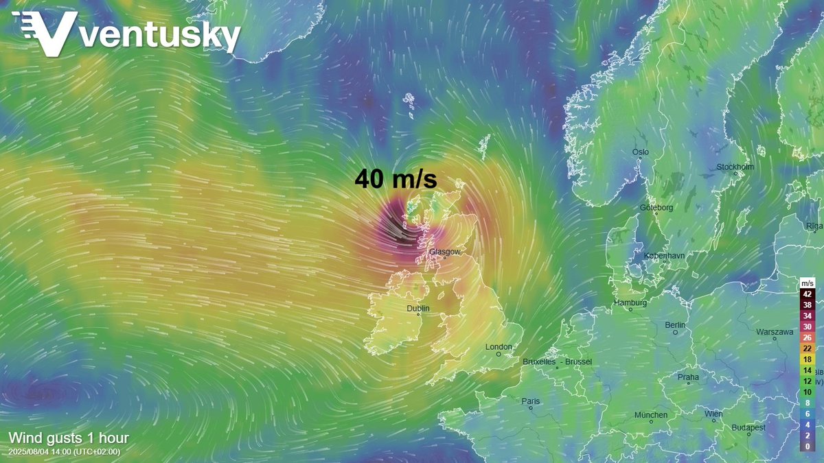 On Monday, August 4, powerful wind gusts are expected along the northwestern coast of the British Isles. These wind gusts will occur in connection with an unusually deep low-pressure system for the summer season. Follow the wind gusts forecast on Ventusky: ventusky.com/?p=57.0;-4.7;4…
