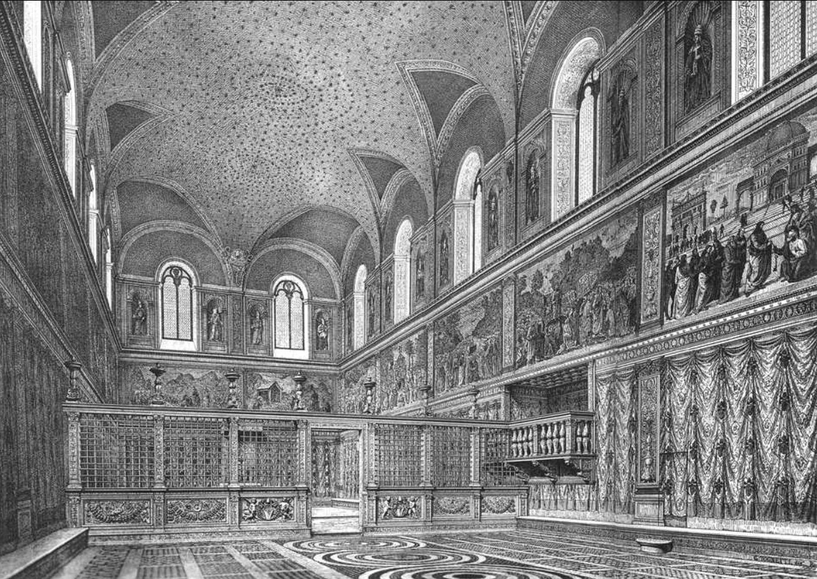 Dans les archives de la Casa Buonarroti, à Florence, il y a une lithographie de 1899 qui donne une bonne idée de ce à quoi ressemblait la chapelle Sixtine avant que Michelangelo y travaille.
Elle reproduit la Chapelle telle qu'elle fut conçue et voulue par le pape Sixte IV