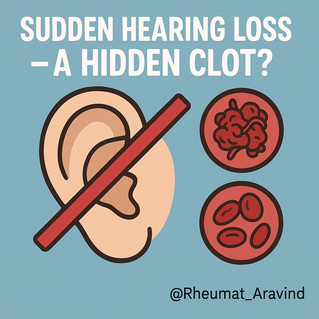 8️⃣ Sensorineural Hearing Loss (SNHL)

Unexplained sudden hearing loss may be a thrombotic microvascular event in APS.

Rule out other causes—but don’t forget APS in systemic autoimmunity.
#SNHL #AutoimmuneHearingLoss