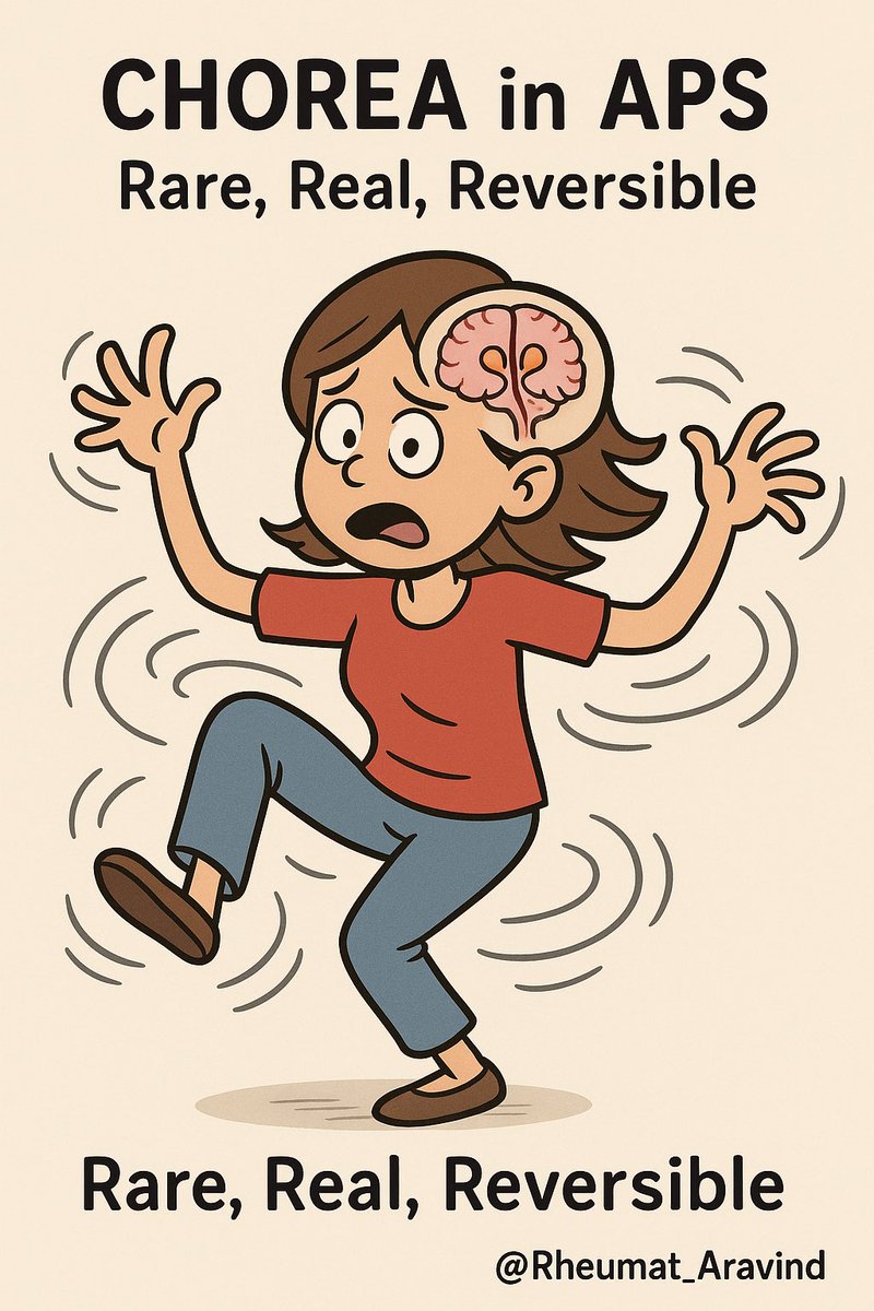 6️⃣ Chorea – Involuntary Movements

Chorea in APS is rare but striking.

Often seen in:
• Young women
• SLE/APS overlap
• Positive lupus anticoagulant

MRI may be normal. Responds to immunosuppression ± anticoagulation.
#Chorea #MovementDisorders