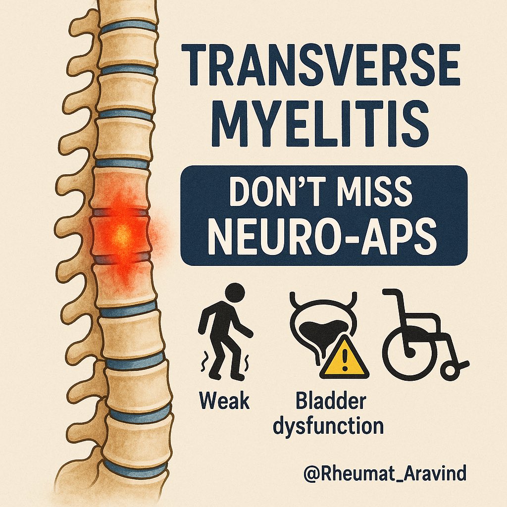7️⃣ Transverse Myelitis

Rapid-onset bilateral limb weakness, bladder/bowel dysfunction.

🧬 Often overlaps with SLE + APS.

MRI spine shows cord signal changes; treat with high-dose steroids + anticoagulation.

#Myelitis #NeuroEmergency