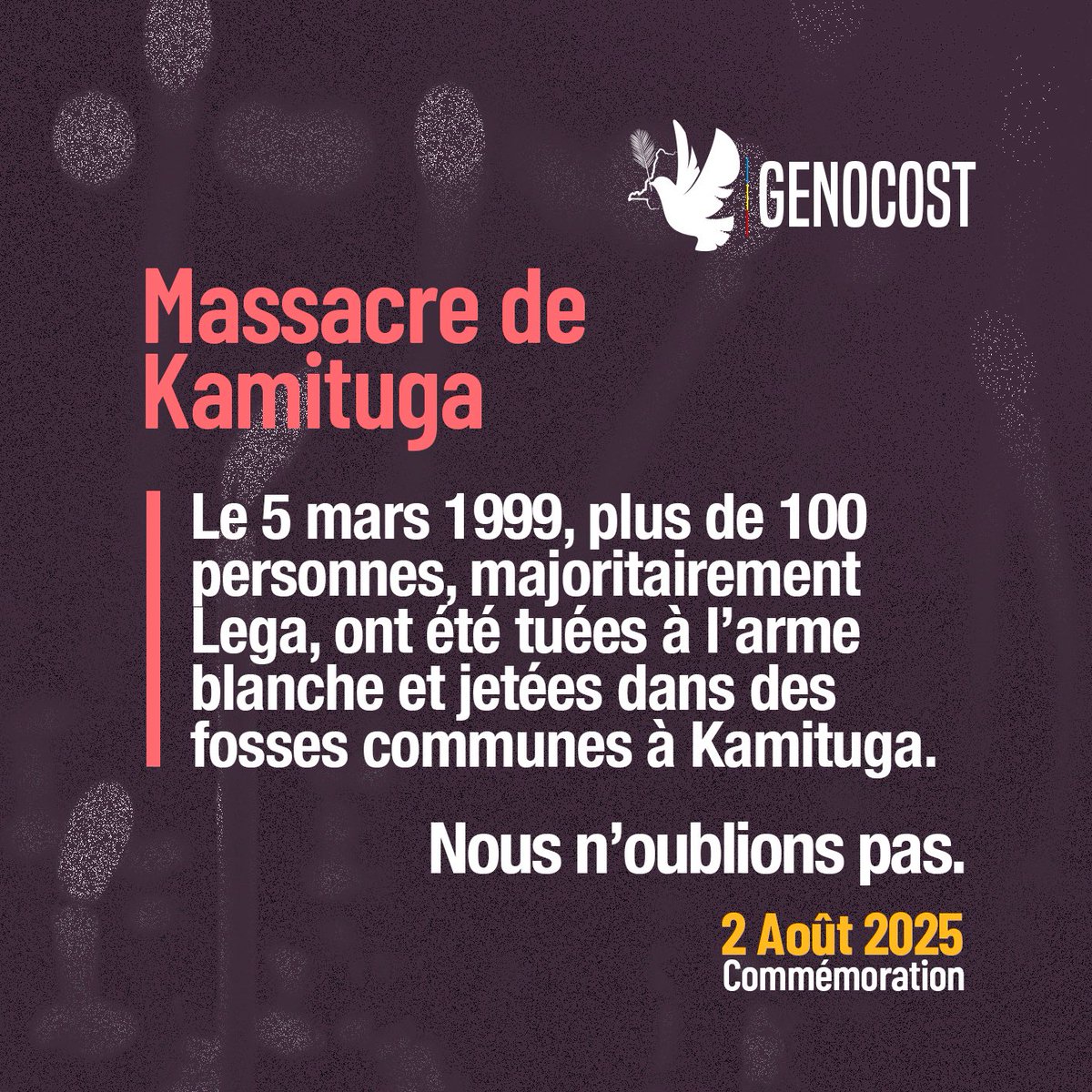 🕯️ J-1 | Commémoration du Genocost

Demain, le 2 août, la République Démocratique du Congo fera mémoire.
Mémoire des millions de vies fauchées, des survivant(e)s brisé(e)s, et de celles et ceux qui ont porté secours, au péril de leur propre vie.

Le Genocost n’est pas une page