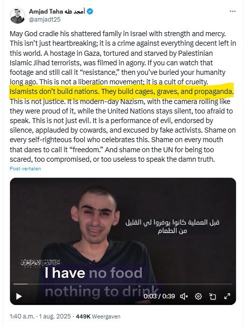 Hamas heeft weer TROTS een video afgescheiden van een mishandelde Joodse gijzelaar. Lees het commentaar van de politicoloog uit UAE. De Arabieren kennen de doodscultus van Hamas een stuk beter dan wij.