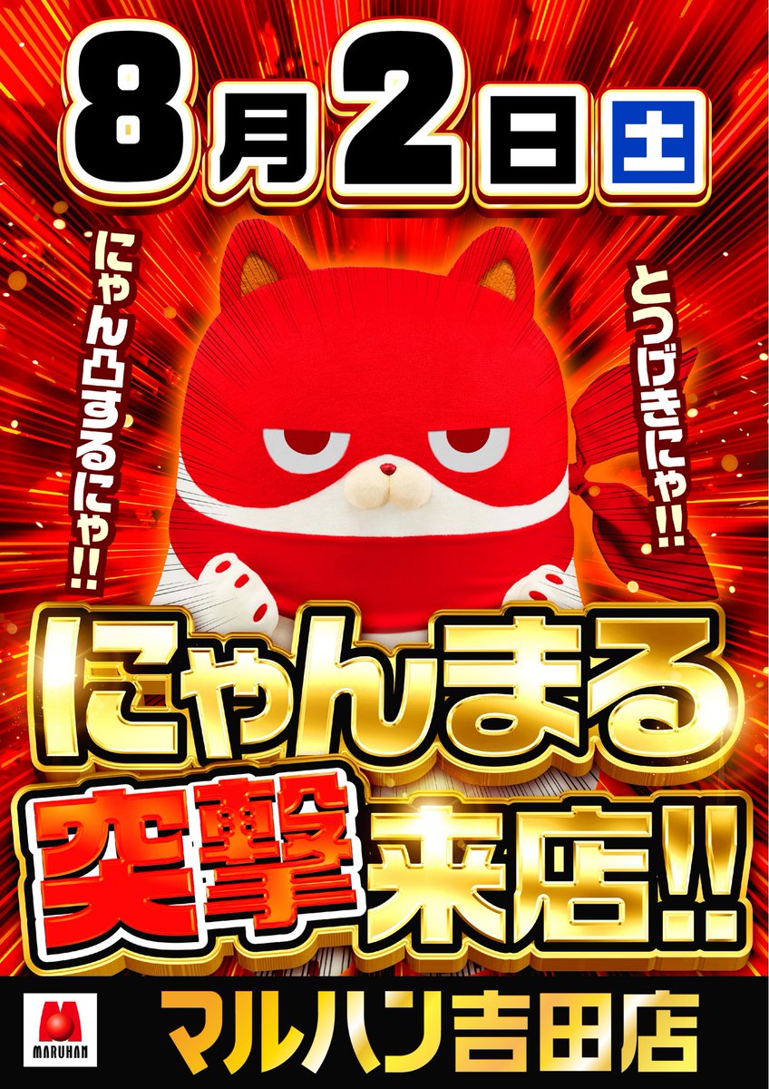 にゃんまる来店】 明日2日(土)は 吉田店に、にゃんまる来店！ 夏