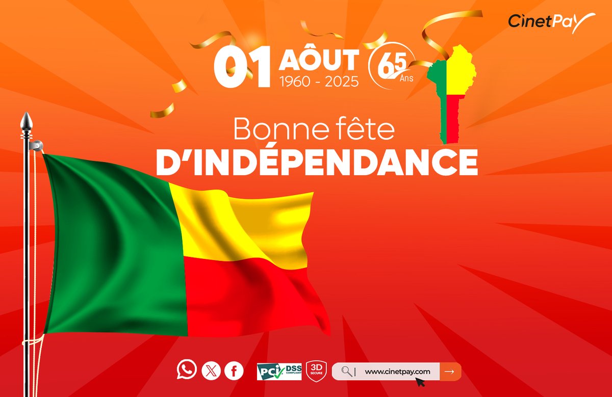 En ce 1er août, toute l'équipe de CinetPay se joint au peuple béninois pour célébrer le 65ème anniversaire de l'Indépendance du Bénin !

#Bénin #Indépendance #Célébration #Afrique #PartenaireDeDéveloppement #CinetPay