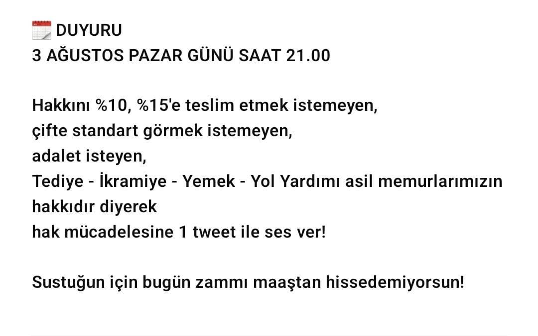 TRogretmen's tweet photo. 3 Ağustos Pazar Günü Saat 21.00'de Tüm Memurlar Adına Yapılacak Etiket Çalışmasına Katılacağız.

Memurlar kendilerine teklif dahi edilmeyen zam oranlarına tepkili! 

Yılda 4 Tediye,
Yılda 2 İkramiye,
Her ay Yemek ve Yol yardımı,

2026 Ocak ayında en düşük memur maaşının 85 Bin TL olmasıdır. 

Etkinlikler belirlenen günlerde haklarımızı kazanana dek devam edecektir! 

Kazanımı  istiyorsak,tweet ile mücadelede ses ver!