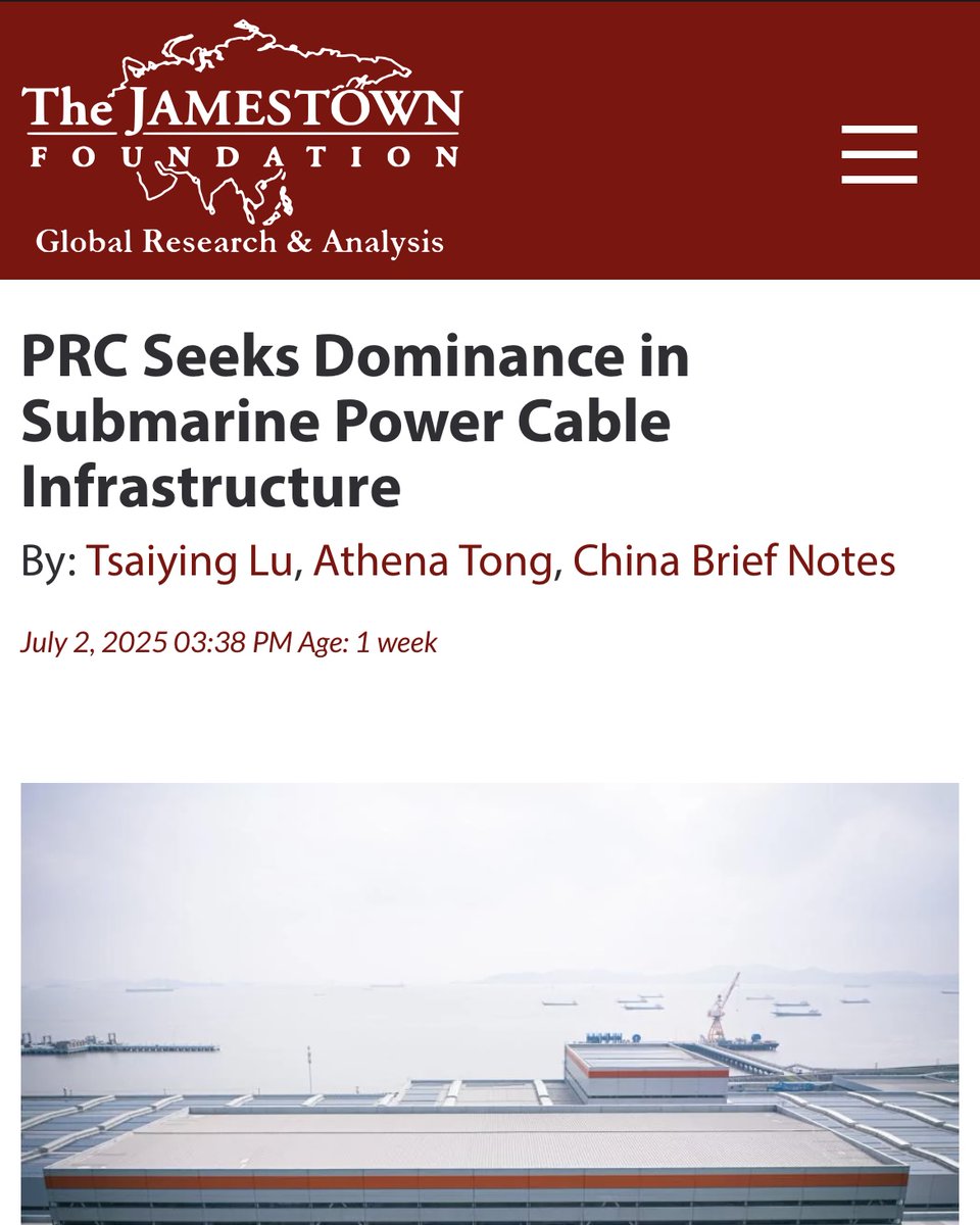 My latest analysis for <a href="/ChinaBriefJT/">Jamestown China Brief</a>  (Vol. 25, Issue 13) with Tsaiying Lu:
“PRC Seeks Dominance in Submarine Power Cable Infrastructure.”

#China-backed firms are turning undersea energy cables into a strategic vector of influence.
