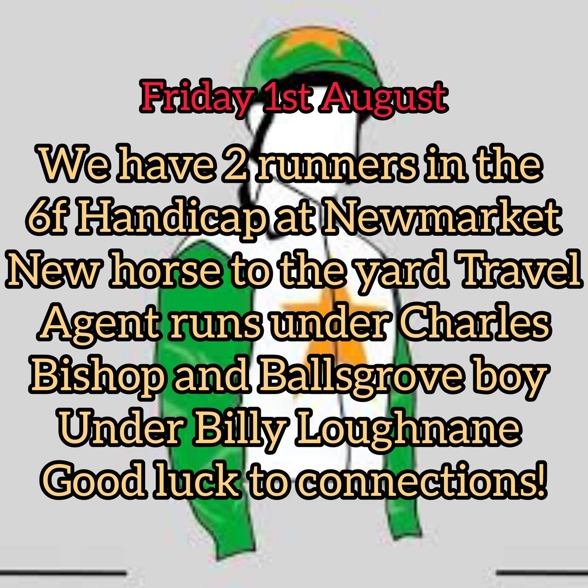 Martin Dunne Racing (@mdunneracing) on Twitter photo Short trip to <a href="/NewmarketRace/">Newmarket Racecourse</a> today for Ballsgrove Boy and Travel agent in the 6f Handicap. Good luck to connections!! Short trip to <a href="/NewmarketRace/">Newmarket Racecourse</a> today for Ballsgrove Boy and Travel agent in the 6f Handicap. Good luck to connections!!