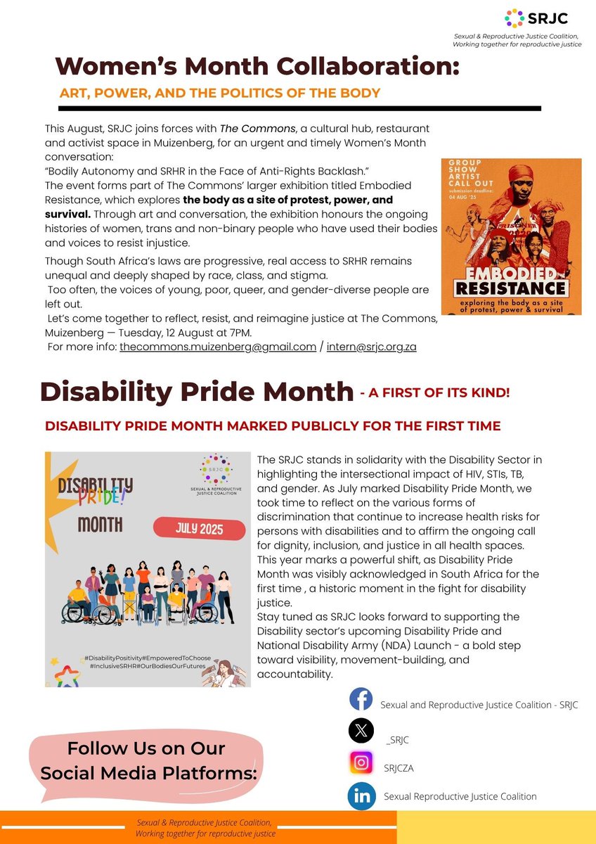📢 Our August #SRJCNewsletter is out!
From the fight for #DecrimNow and uplifting #DisabilityPride, to youth-led change and feminist collaborations; it’s all here.
📰 Read &amp; share: srjc.org.za/resources/
#ReproductiveJustice #SRHR #SexWorkIsWork #SRJCZA