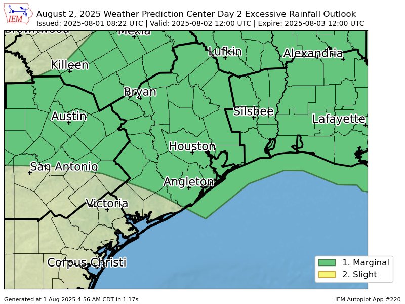 WPC issues Day 2 Marginal Risk Excessive Rainfall Outlook at Aug 1, 8:22z for HGX wpc.ncep.noaa.gov/qpf/excessive_…