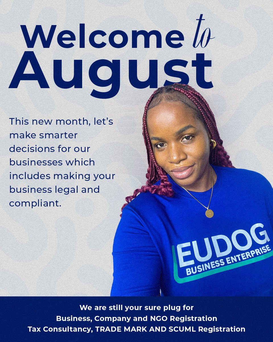 EudogAssociates's tweet photo. New month, new goals!
Now is the perfect time to take smart steps for your business.

Get registered, Stay compliant &amp; Prepare to grow
We are here to help. Send us a DM to get started.
#EUDOG #BusinessSupport #AugustFocus #TaxConsultancy #SCUML #NGORegistration #TrademarkServices https://t.co/xfYnFMqOjF