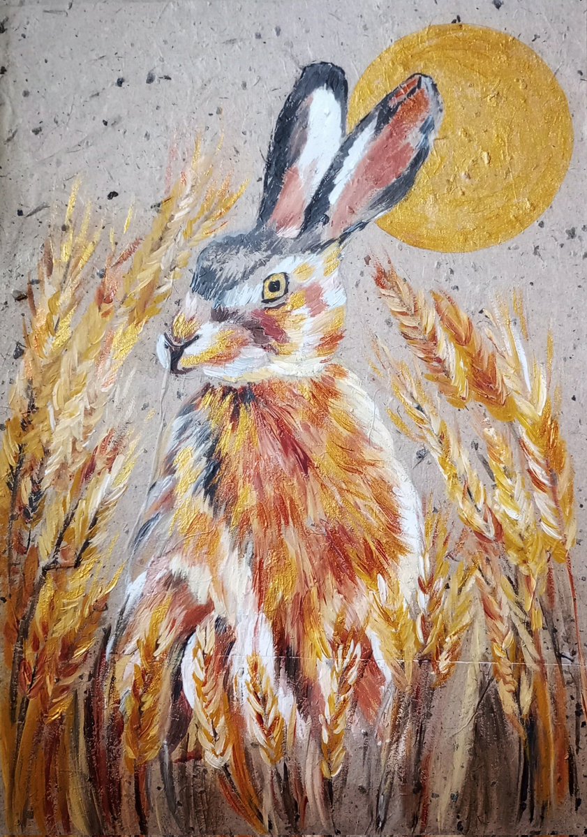 Good morning. Here's this week's WIP, created amidst the ongoing whatever the heck is going on... This mixed media piece is painted on mulberry paper with acrylic paints. I'm calling it 'The Lughnasadh Hare'.

#WIP #MHHSBD #SundayFringe #MixedMediaArt #Lughnasadh