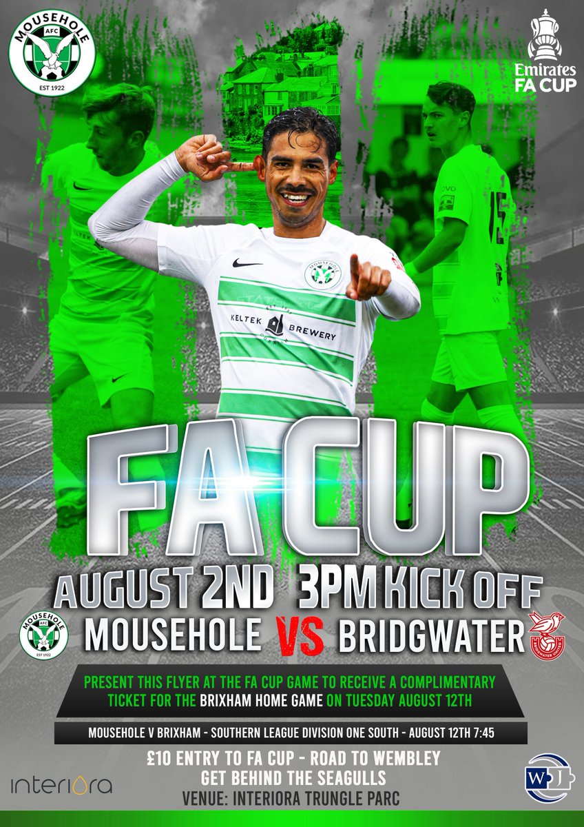 ๐ ๐ข๐จ๐ฆ๐๐๐ข๐๐ ๐๐๐ (@mouseholeafc) on Twitter photo ๐จ Tomorrow.
The FA Cup returns to ITP. Itโs the first step on the road โ and weโre ready.
๐ <a href="/BridgwaterUtd/">Bridgwater United FC</a>
๐Interiora Trungle Parc
๐๏ธ Sat 3 August | ๐ 3PM KO
๐ฐ ยฃ10 / ยฃ5 concessions
๐๏ธBring the flyer = FREE ticket to our next home game vs Brixham!
<a href="/EmiratesFACup/">Emirates FA Cup</a> ๐จ Tomorrow.
The FA Cup returns to ITP. Itโs the first step on the road โ and weโre ready.
๐ <a href="/BridgwaterUtd/">Bridgwater United FC</a>
๐Interiora Trungle Parc
๐๏ธ Sat 3 August | ๐ 3PM KO
๐ฐ ยฃ10 / ยฃ5 concessions
๐๏ธBring the flyer = FREE ticket to our next home game vs Brixham!
<a href="/EmiratesFACup/">Emirates FA Cup</a>