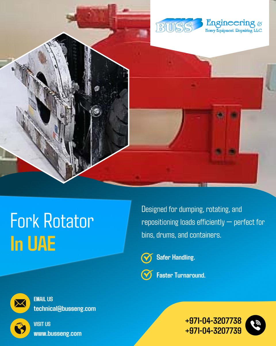 BussEngineering's tweet image. 🔄 Fork Rotator in UAE
When productivity meets precision!
⚙ Boost warehouse efficiency with:
✔️ Safer Handling
✔️ Faster Turnaround

🌐 busseng.com

#ForkRotator #MaterialHandlingUAE #HeavyLiftingSolutions #ForkliftAttachments #WarehouseEfficiency #LogisticsSolutions