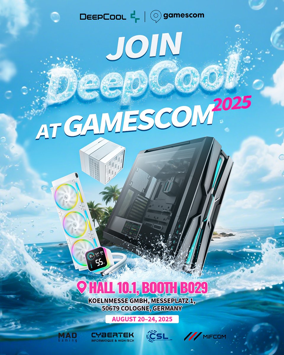 #DeepCool is heading to gamescom 2025! Come cool down and catch the summer vibes on our 'beach party' at Booth [B029], Hall 10.1 🏖 
#gamescom2025 #PCGaming #PCHardware #gamingevent