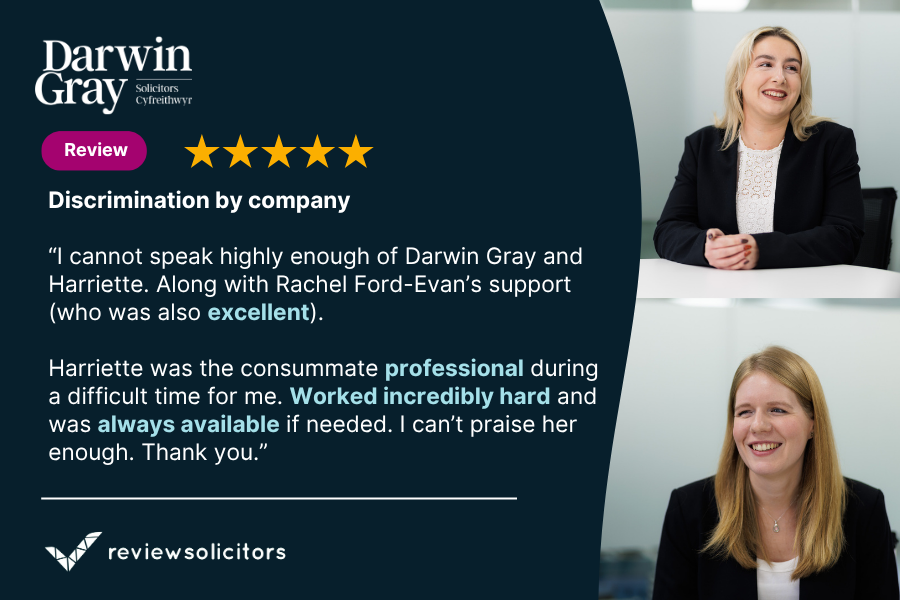 Some kind words for our dedicated employment law team today - with a special mention to Harriette and Rachel! ⭐ ⭐ ⭐ ⭐ ⭐

"I cannot speak highly enough of Darwin Gray"

Find out how we can help you or your business with a free initial chat: darwingray.com